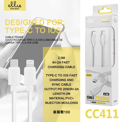 [CC411] CABLE RÁPIDO TIPO C A iOS PD20W 9V-2A 2M