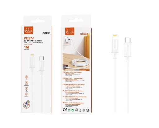 [CC238] CABLE RÁPIDO TIPO C A iOS PD27W 9V-3A 1M